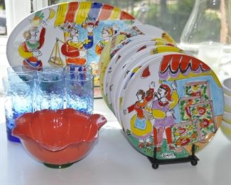 More LaMusa Ceramic Dinnerware,  a Set of 6 Cobalt Libbey Glasses and Another Mustardseed and Moonshine Hand Crafted Red Flower Bowl, Made in South Africa