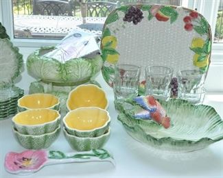 Fitz and Floyd Serving Platter and 2 Cabbage Serving Bowls Shown with a Set of 8 Vintage Melon Bowls.