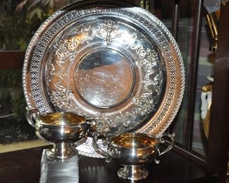 Wonderful Vintage Silver Plate Round Serving Piece Shown With Silver Plate on Copper Cream and Sugar