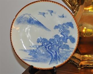 Vintage Japanese Izegara Transferware Blue and White Charger Plate with Brown Ruffle, 12"