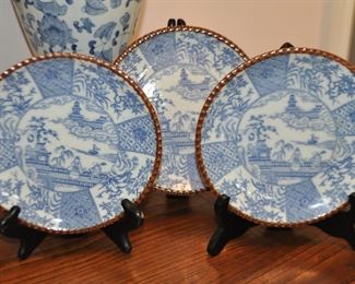 More Antique Japanese Transferware Blue and White Porcelain Plates with Brown Ruffle Trim 