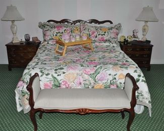 Lovely Queen-Size Henredon Aston Court Bed Frame Shown with a Pair of Henredon Aston Court Night Stands ( 2 Complete Sets Available) Shown  with a Gorgeous Custom Made Upholstered Bench in Coordinating Fabrics 