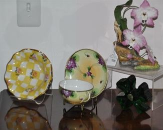 Beautiful Home Decor, including a Boehm Pink Orchid, 1984, No.30113 along with Rare MacKenzie Childs Yellow Rose Petal HoneyMoon Check Bowl and  a Waterford Green Crystal Shamrock 