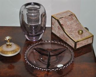 More Decorative Home Decor Including a Beautiful 7" Purple  Murano Vase, a Vintage Gold and Pink Perfume Bottle, an Amethyst Candlewick Divided Candy Dish and a Vintage Maitland Smith Tessellated Stone and Brass Storage Box 