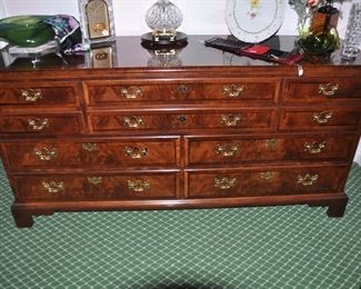 Henredon Aston Court Triple Dresser, Chippendale Style Banded Burl Mahogany. W70" x H34" x D20"