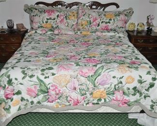King Size Brunschwig & Fields and Scalamandre Custom Made Floral Bed Spread with a Pair of Matching King Size Pillow Shams and King-Size Dust Ruffle