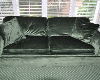 Gorgeous Green Scalamandre Velvet Upholstered Down Sofa with Rolled Arms and 2 Matching Accent Pillows.  W86" x H28" x D26"