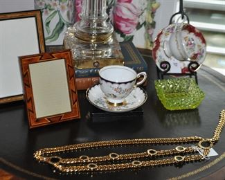 Wonderful Wooden Inlay Frames Made in Italy Shown with English Bone China Cups and Saucers and a Fabulous Vintage St. John Chain Belt