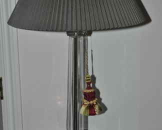 Beautiful Glass Column 31" Table Lamp with a Brass Base and Pleated Black Lamp Shade.