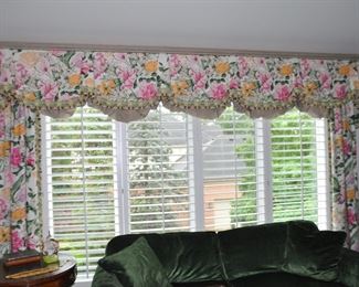 Custom-Made Window Treatment, Brunschwig Fabric.  Valence Measures 144" x 31" and Each Side Panel is 48" x 83" .0