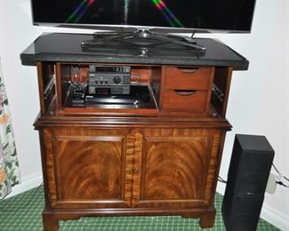 Vintage Baker Burled Walnut Media Center Custom  Cabinet with a Granite Top and 2 Doors that open to Storage.  W42" x H43" x D22.5" 