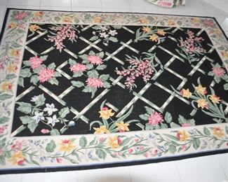 Stark Hand Knotted Needlepoint Area Rug with Cream Border and Black  with Lattice and Floral Patten.  4'10" x 7' 