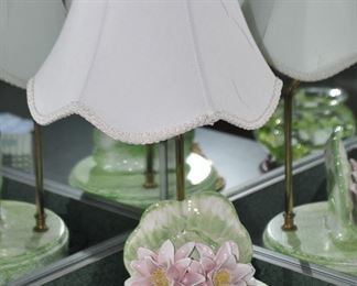 Lovely Petite 20" Table Lamp with Porcelain Flower Sculpture on a Painted Wood Base 