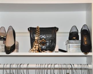 Vintage Bruno Magli, Size 6.5 Black Heels, a Vintage Susan Gail Black Embossed Handbag and a St.John Chain Belt