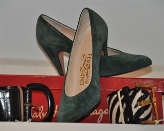 Ferragamo Green Suite Pumps, Shown with Vintage Wide Belts