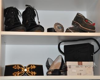 Tecnica Black Snow Boots, Made in Italy and Folklore Suede Leather Shoes by Hans Behr,Also Made in Italy, Both Size 37 Also Shown is a Gorgeous Vintage St. John Black Suede and Gold Cumberbund Belt, Size S