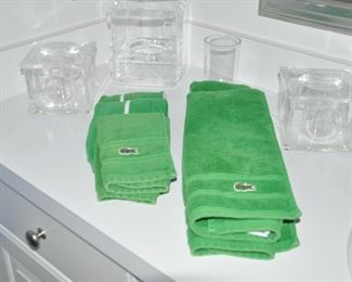 Lacoste Green Towels with Insignia and Acrylic Accessories