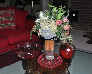Custom-Design 22" Floral Arrangement, shown with 11" Red Swirl Bowls and a Ceramic Red Apple
