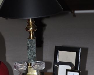 Table Top Display includes a 29" Marble and Brass Table Lamp on a Black Base, shown with 7" Cut Glass Candle Holders, Picture Frames and an Elite Quartz Clock, made in England                  