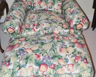 The Floral Lounge Chair is Skirted, with Rolled Arms and an Accent Pillow.  W34" x H28" x D37".  The Matching Ottomans, W32" x H16.5" x D23"