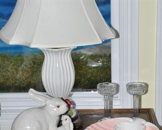 Lovely White Porcelain 27" Lamp with Sculpted Porcelain Flowers on a Wood Base.  Shown with Vintage Fitz & Floyd Pink and White "Clam" Bowl,  a "Bunny and Mother" Figure and another Pair of 7" Cut Glass Candle Holders.