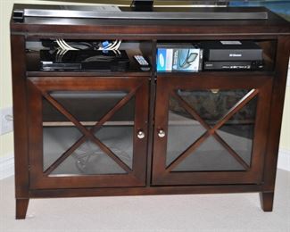 TV Console Cabinet, W44" x H16" x D33" shown with a Sony 4K UHD Upscale 3D Bluetooth, Model BD-H6500/ZA and a Selection of 3D Glasses
