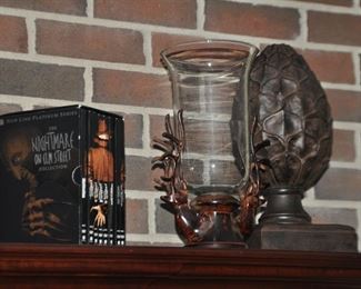 Great Rustic Decor Includes a Pair of Large Brown Pineapple Bookends and a Pair of Brown Reindeer Hurricane Candle Holders 