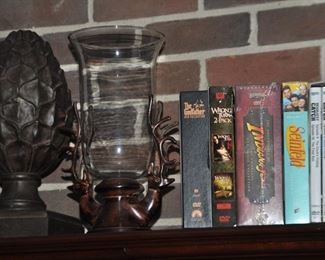 One of a Pair of 14" Wood Pineapple Finials and a Pair of 11" Glass Candle Holders with Reindeer Bases