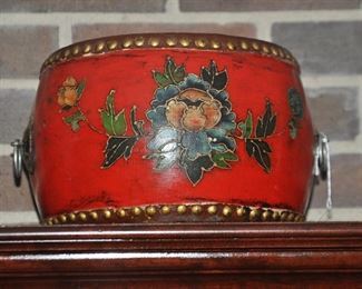 Vintage Hand Painted Chinese Ceremonial Drum with Iron Handles