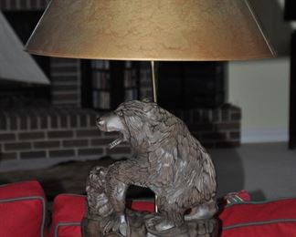 Fantastic Carved Wood "Bear and Cub" with Gold "Shadow" Lamp Shade  H39" x W14" x D9"