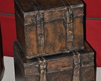 Pair of Distressed Brown Leather Decorative Boxes. The Larger Box, W12" x H10" x D9" and the Smaller Box is W10" x H8.5" x D7"