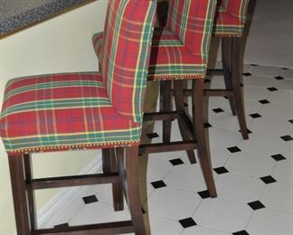 Set of 6 Custom Upholstered Bar Stools with Wood Frames and Plaid Seats with Nail-head Design