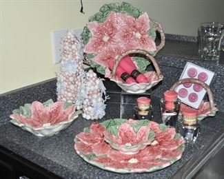 Pretty Vintage Poinsettia Ceramic Serving Pieces Available by Omnibus, Including Bowls, Baskets, a Handled Platter and a 2 Piece Serving Plate