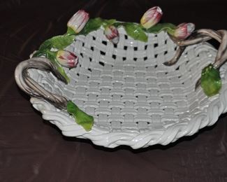 Beautiful Large White Porcelain Basket-Weave Platter with Tulips, 19"