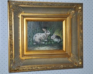 Acrylic on Board  (Bunnies) Framed in a Heavy Ornate Gold Frame, Unsigned.  9.25" x 7.5"