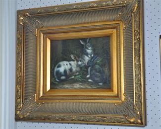 Acrylic on Board  (Bunnies) Framed in a Heavy Ornate Gold Frame, Unsigned.  9.25" x 7.5"