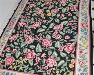 Stark Needlepoint with Black Background with Pink, Yellow, Blue  Flowers and Greenery.  5' x 7'