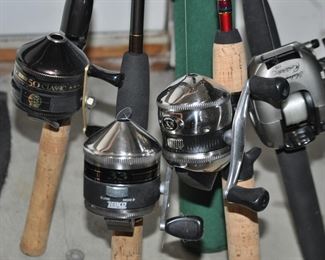 Four Fishing Rods Available with Reels.  Zebco 50 Classic, Zebco Authentic 33, Shakespeare Contender 110 and Zebco 33.