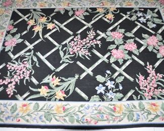 Stark Needlepoint Area Rug Black Background with Pink and Yellow Flowers and Greenery.  4'10" x 6'11"