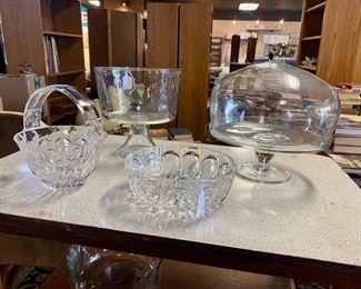 Domed Cake Plate, Thumbprint Starburst Bowl, Anchor Hocking Moments Bowl, and Crystal Glass Basket Serving Dish