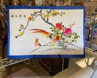 Large Silk Needlework Peacocks with Blue Border 