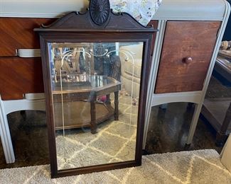 Antique Art Deco Etched Mahogany Wall Mirror with Decorative Carved Top