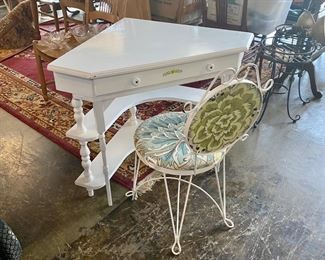 Adorable Vintage White Corner Vanity with Wrought Iron Cushioned Chair