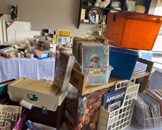 Lots of vintage patterns, how-to-books, sewing boxes...