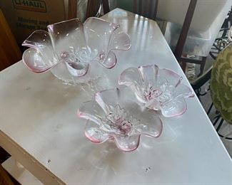 MIKASA Crystal, Germany, Rosella Pink (c.1989-1997) 2-Piece, Pink and Clear Serving Bowl with Matching 2-Section Relish Dish  Pink Glass