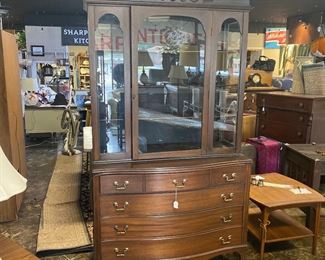 2-Piece Antique Chest/China Cabinet with Carved Top, Bowed Front Drawers, and Wooden Shelves