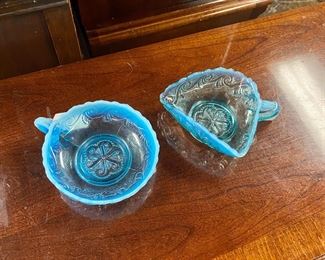 c.1903 JEFFERSON GLASS CO. Opalescent Blue Sea Spray Nappy Candy/Nut Dish with Scalloped Edges and Handles