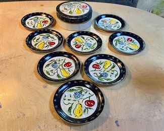 Vintage BETSON'S Hand-Painted Set of 8 Metal Coasters in Matching Round Box, JAPAN