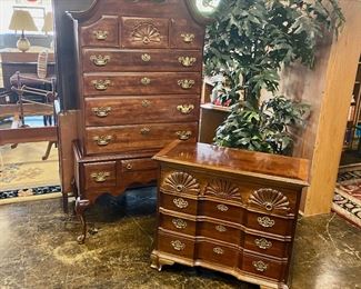 AMERICAN DREW FURN. CO., Solid Cherry, 2-Piece Queen Anne  High Boy Chest of Drawers and Matching Smaller Chest, both with Carved Fan Design