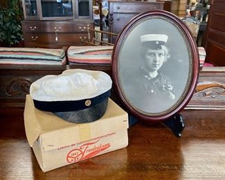 Vintage FREDRIKSON Student Cap with Gold Emblem, in Original Box, from Finland, and Framed Photo of Cadet wearing Cap (all one price)